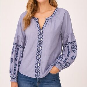 Nicole Miller Womens Blue Embroidered Peasant Boho Top Blouse, Cottagecore, XS